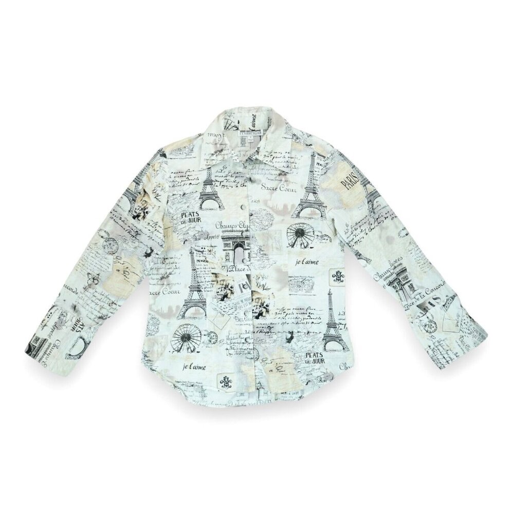 Mishca France French Paris Maps Eiffel Cotton Poplin Blouse Shirt Top Size Small